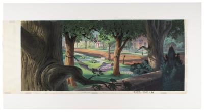 Lot #640 Eyvind Earle production background painting from Lady and the Tramp ('Hammock'): Spectacular production panorama background for Lady and the Tramp - Image 1