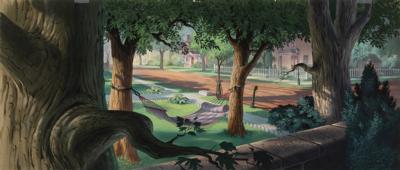 Lot #640 Eyvind Earle production background painting from Lady and the Tramp ('Hammock'): Spectacular production panorama background for Lady and the Tramp - Image 2
