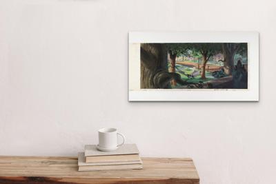 Lot #640 Eyvind Earle production background painting from Lady and the Tramp ('Hammock'): Spectacular production panorama background for Lady and the Tramp - Image 3