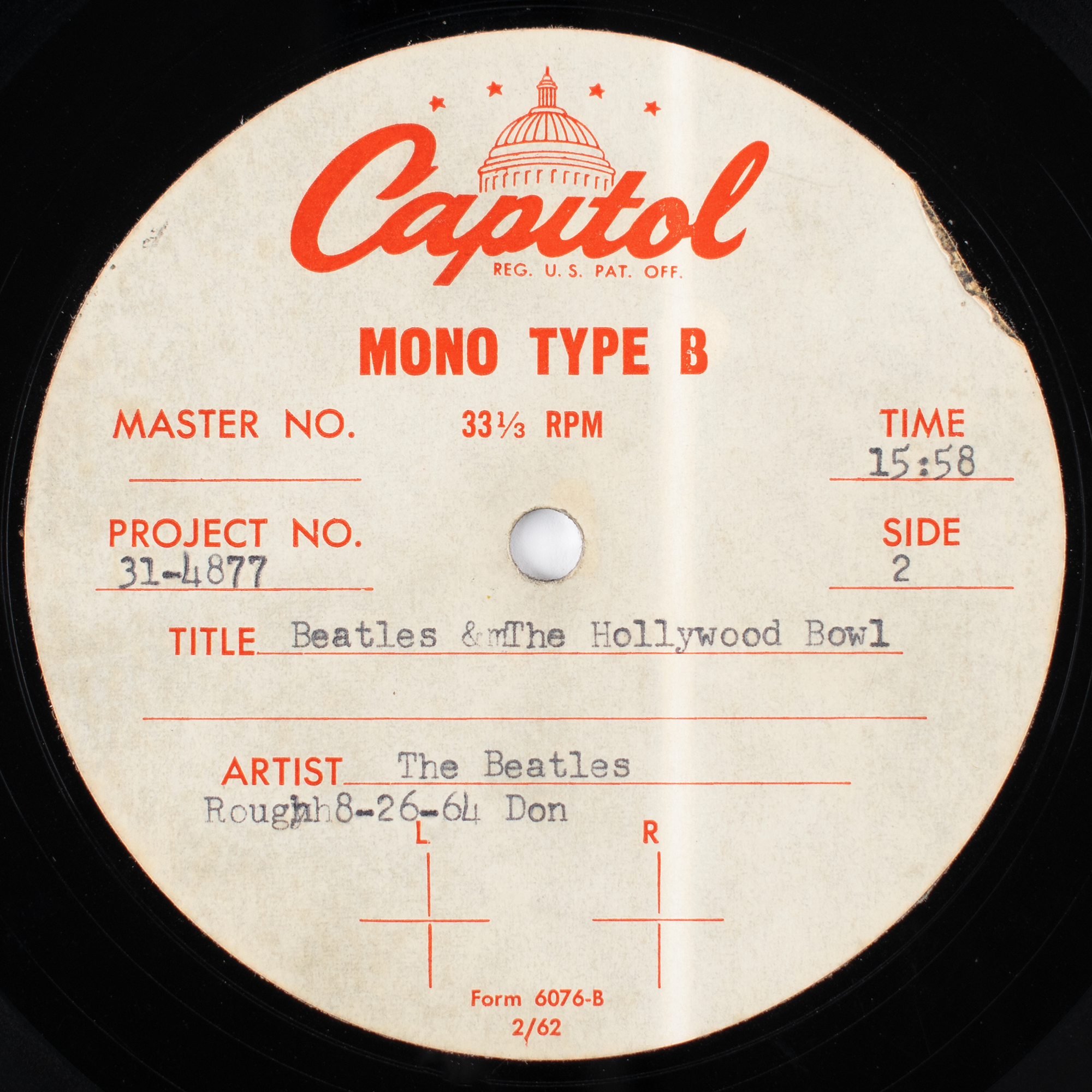 beatles at hollywood bowl (RARE TEST盤） Rare 'Beatles at the Hollywood Bowl' Vinyl Acetate Sells for