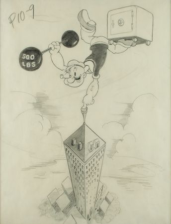 Lot #440 Popeye production poster art drawing from Doing Impossikible Stunts - Image 1