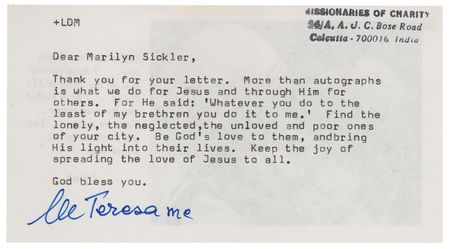 Lot #170 Mother Teresa Typed Letter Signed - Image 1