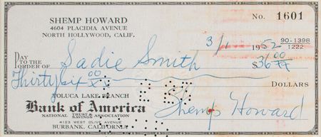 Lot #768 Three Stooges: Shemp Howard Signed Check - Image 1