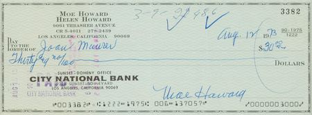 Lot #767 Three Stooges: Moe Howard Signed Check - Image 1
