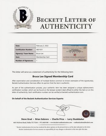 Lot #676 Bruce Lee Signed Membership Card for the Jun Fan Gung Fu Institute - Image 3