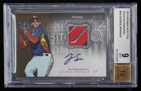Lot #851 2013 Bowman Inception George Springer Autograph/Patch (7/35) BGS MINT 9/10 Baseball Card - Image 1