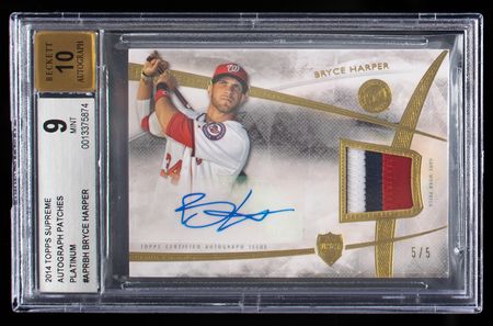 Lot #854 2014 Topps Supreme Platinum Bryce Harper Autograph/Patch (5/5) BGS MINT 9/10 Baseball Card - Image 1