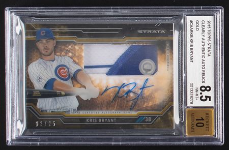 Lot #863 2015 Topps Strata Clearly Authentic Gold Kris Bryant Autograph/Patch (13/25) BGS NM-MT+ 8.5/10 Baseball Card - Image 1