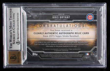 Lot #863 2015 Topps Strata Clearly Authentic Gold Kris Bryant Autograph/Patch (13/25) BGS NM-MT+ 8.5/10 Baseball Card - Image 2