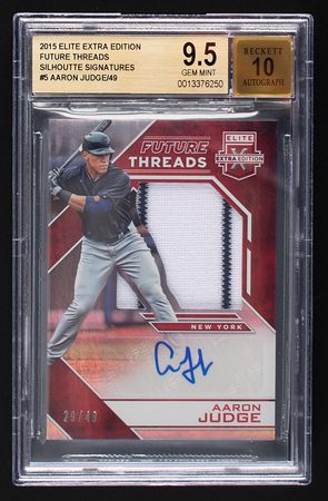 Lot #856 2015 Elite Extra Edition Future Threads/Silhouette Signatures Aaron Judge Autograph/Jersey (29/49) BGS GEM MINT 9.5/10 - Image 1