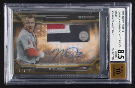 Lot #864 2015 Topps Strata Clearly Authentic Gold Mike Trout Autograph/Patch (21/25) BGS NM-MT+ 8.5/10 Baseball Card - Image 1