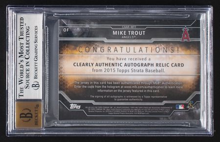 Lot #864 2015 Topps Strata Clearly Authentic Gold Mike Trout Autograph/Patch (21/25) BGS NM-MT+ 8.5/10 Baseball Card - Image 2