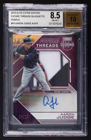 Lot #868 2016 Elite Extra Edition Future Threads/Silhouette Signatures Purple Aaron Judge Autograph/Patch (3/15) BGS NM-MT+ 8.5/10 Baseball Card - Image 1