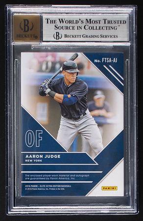 Lot #868 2016 Elite Extra Edition Future Threads/Silhouette Signatures Purple Aaron Judge Autograph/Patch (3/15) BGS NM-MT+ 8.5/10 Baseball Card - Image 2