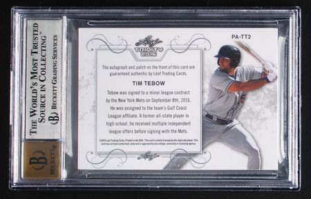 Lot #869 2016 Leaf Trinity Tim Tebow Autograph/Patch BGS MINT 9/10 Baseball Card - Image 2