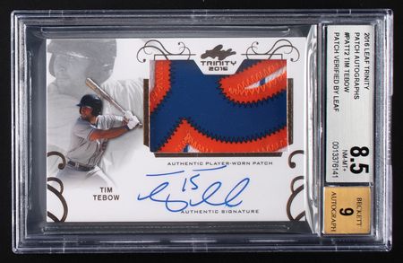 Lot #870 2016 Leaf Trinity Tim Tebow Autograph/Patch BGS NM-MT+ 8.5/9 Baseball Card - Image 1