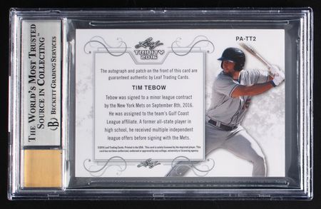Lot #870 2016 Leaf Trinity Tim Tebow Autograph/Patch BGS NM-MT+ 8.5/9 Baseball Card - Image 2