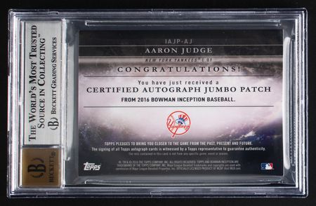 Lot #866 2016 Bowman Inception Aaron Judge Autograph/Patch (47/50) BGS MINT 9/10 Baseball Card - Image 2