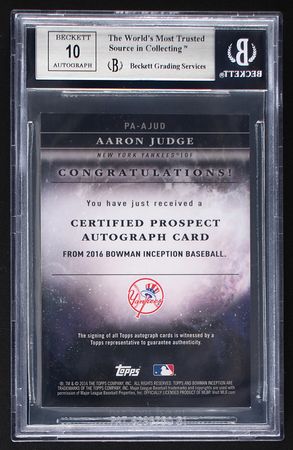 Lot #867 2016 Bowman Inception Prospect Aaron Judge Autograph BGS MINT 9/10 - Image 2