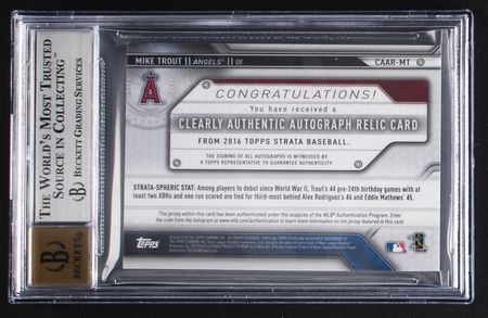 Lot #875 2016 Topps Strata Clearly Authentic Gold Mike Trout Autograph/Patch (18/25) BGS MINT 9/10 Baseball Card - Image 2