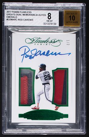 Lot #895 2017 Panini Flawless Greats Emerald Rod Carew Autograph/Patch (1/3) BGS NM-MT 8/10 Baseball Card - Image 1