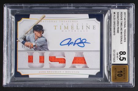 Lot #883 2017 National Treasures Rookie Timeline Materials Alex Bregman Autograph/Patch (1/10) BGS NM-MT+ 8.5/10 Baseball Card - Image 1