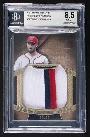 Lot #908 2017 Topps Tier One Prodigious Patches Bryce Harper Patch (7/10) BGS NM-MT+ 8.5 Baseball Card - Image 1