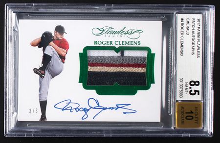 Lot #893 2017 Panini Flawless Emerald Roger Clemens Autograph/Patch (3/3) BGS NM-MT+ 8.5/10 Baseball Card - Image 1