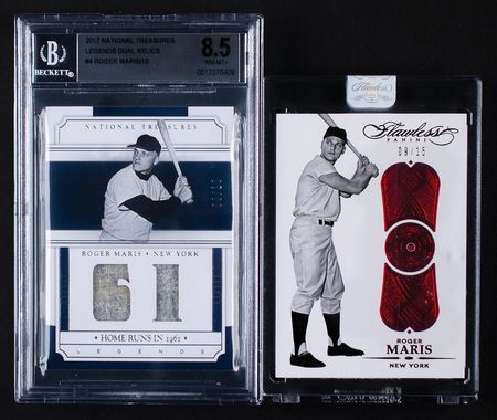Lot #882 2017 National Treasures Legends Roger Maris Dual Relic (9/10) BGS NM-MT+ 8.5 and Panini Flawless Ruby (9/15) Baseball Card - Image 1