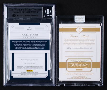 Lot #882 2017 National Treasures Legends Roger Maris Dual Relic (9/10) BGS NM-MT+ 8.5 and Panini Flawless Ruby (9/15) Baseball Card - Image 2