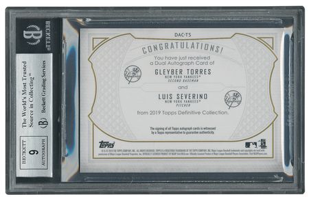 Lot #928 2019 Topps Definitive Dual Autographs Luis Severino/Gleyber Torres (34/35) BGS NM-MT+ 8.5/9 Baseball Card - Image 2