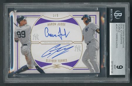 Lot #929 2019 Topps Definitive Dual Autographs Purple Aaron Judge/Gleyber Torres (3/5) BGS MINT 9/10 Baseball Card - Image 1