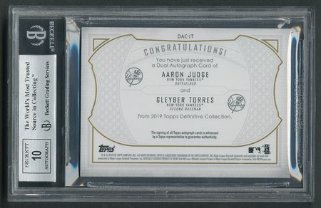 Lot #929 2019 Topps Definitive Dual Autographs Purple Aaron Judge/Gleyber Torres (3/5) BGS MINT 9/10 Baseball Card - Image 2