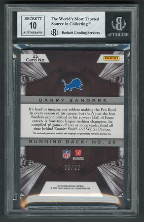 Lot #1001 2012 Crown Royale Legendary Silhouette Barry Sanders Autograph/Relic (9/20) BGS NM-MT 8/10 Football Card - Image 2