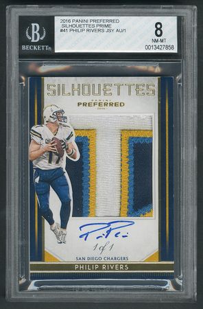 Lot #1028 2016 Panini Preferred Silhouettes Prime Philip Rivers Autograph/Patch (1/1) BGS NM-MT 8/9 Football Card - Image 1