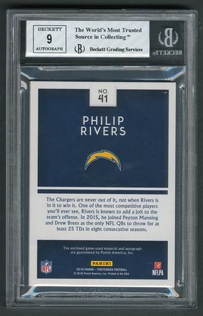 Lot #1028 2016 Panini Preferred Silhouettes Prime Philip Rivers Autograph/Patch (1/1) BGS NM-MT 8/9 Football Card - Image 2