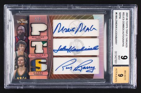 Lot #966 2007-08 Topps Triple Threads Malone/Havlicek/Barry Autograph/Relic (1/3) BGS MINT 9/9 Basketball Card - Image 1