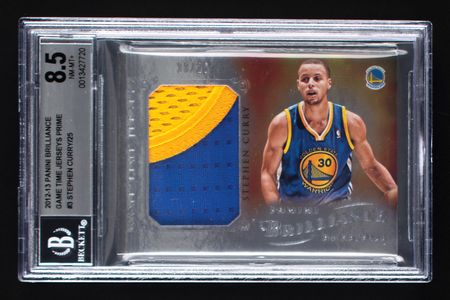 Lot #968 2012-13 Panini Brilliance Game Time Jerseys Stephen Curry Patch (13/25) BGS NM-MT+ 8.5 Basketball Card - Image 1