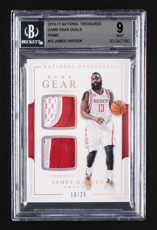 Lot #971 2016-17 National Treasures Game Gear Duals Prime James Harden Patch (10/25) BGS MINT 9 Basketball Card - Image 1