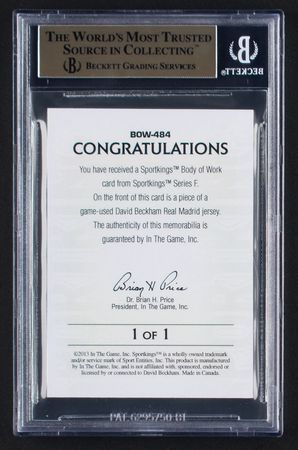 Lot #1051 2013 Sportkings Body of Work David Beckham Patch (1/1) BGS GEM MINT 9.5 Soccer Card - Image 2