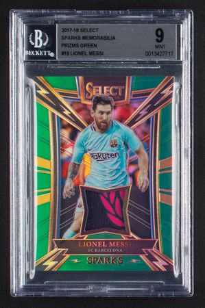 Lot #1056 2017-18 Select Sparks Memorabilia Prizms Green Lionel Messi Relic (3/5) BGS MINT 9 Soccer Card - Image 1