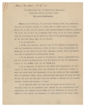 Lot #13 Albert Einstein: 'Why I am an Optimist'—compelling 1932 article draft by Einstein on the state of humanity and the individual—