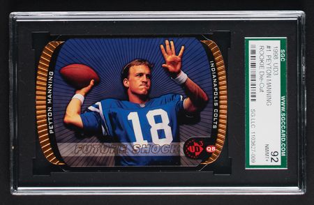 Lot #992 1998 UD3 #1 Peyton Manning Die-Cut Rookie (131/2000) SGC NM-MT+ 92 Football Card - Image 1