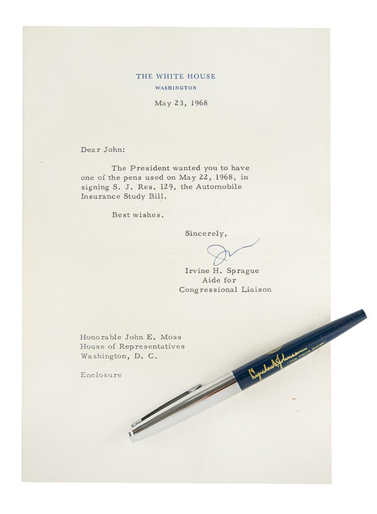 Lot 7104 Lyndon B. Johnson Bill Signing Pen for the 'Automobile Insurance Study Bill'