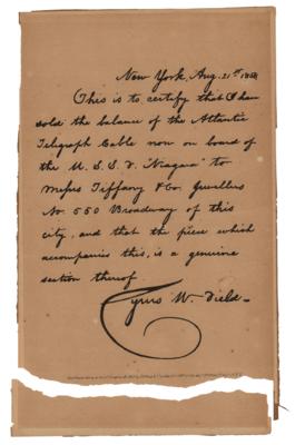 Lot #175 Cyrus W. Field: Transatlantic Telegraph Cable Relic by Tiffany's: Segment of the first transatlantic telegraph line, as presented by Tiffany's - Image 6