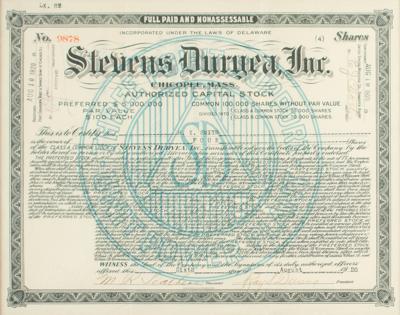 Lot #456 Stevens Duryea, Inc. Automotive Stock Certificate - Image 1