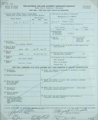 Lot #196 Kennedy Assassination: Lee Harvey Oswald Life Insurance Death Claim Signed Document - Image 2