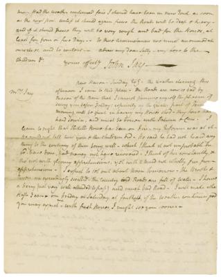 Lot #153 John Jay: Jay to his wife, sending word of his delay due to 