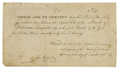 Lot #156 Bank of Delaware Stock Certificate - Image 1