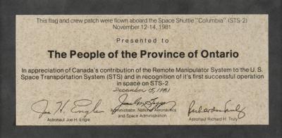 Lot #9547 STS-2 Flown Canadian Flag and Mission Patch Display with Original Chris Calle Artwork - Image 5